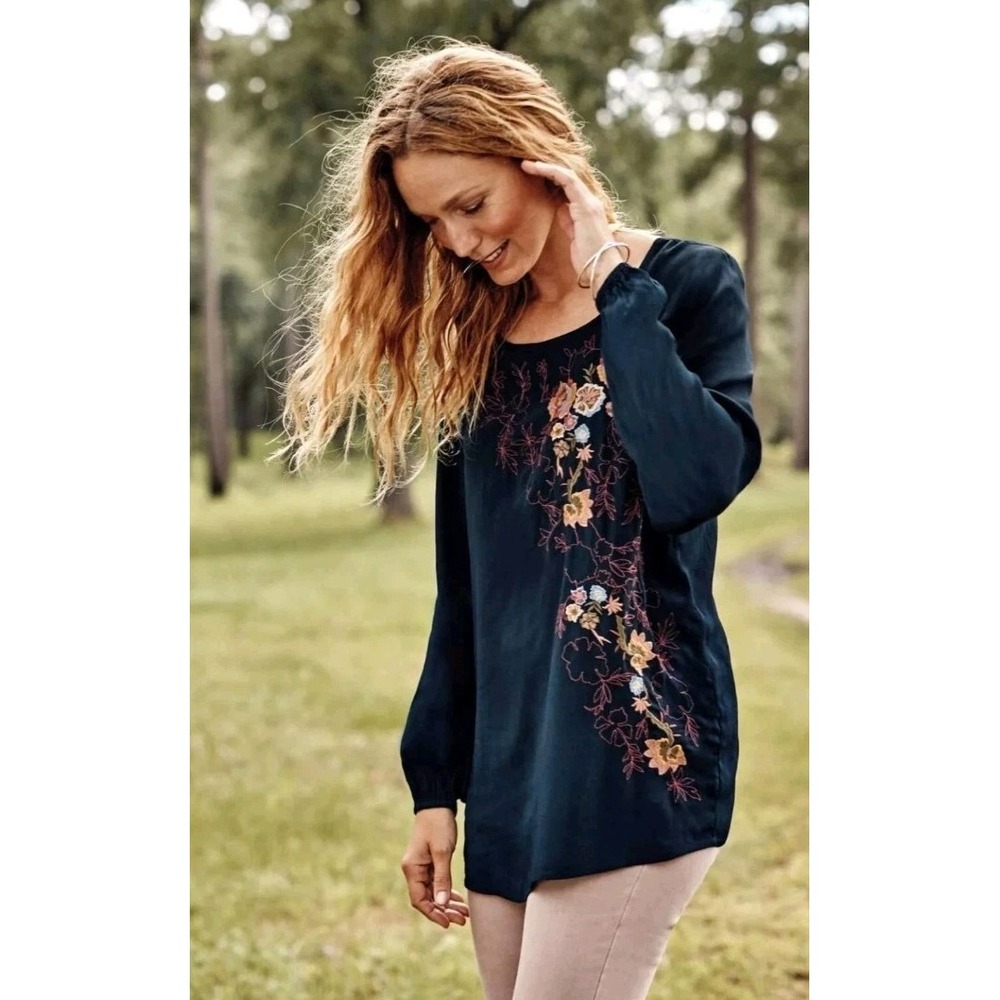 J.Jill‎ Womens Floral Embroidered Rayon Top Scoop Neck Long Sleeve Size M